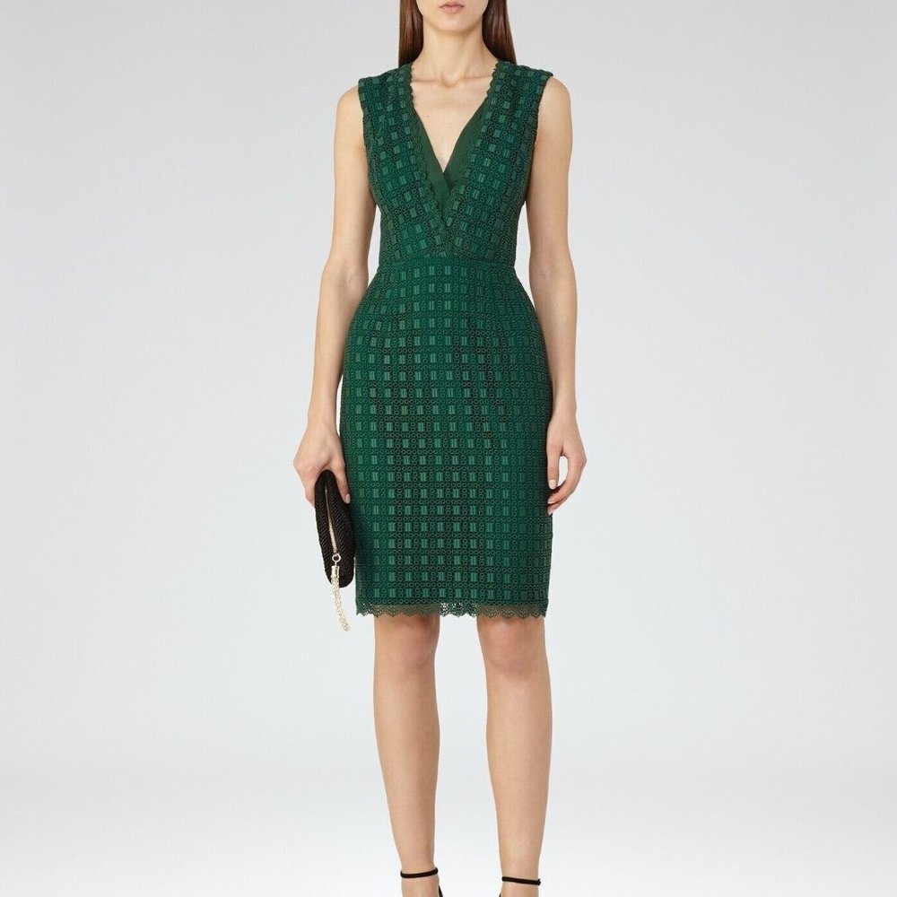 Reiss Green Plunge Lace Dress US4